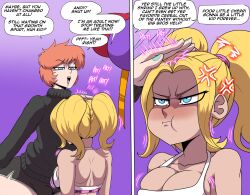 1boy 1futa andi_(oc) ass balloons balls big_ass big_butt black_clothing black_pants blonde_hair blue_eyes blush blushed brat bratty breasts cherri_(oc) comic duo fat_ass female femboy futa_on_male futanari horny incest instant_loss intersex jean_shorts light-skinned_futa light-skinned_male male onomatopoeia orange_hair penis ramita shortstack small_penis smaller_female text text_bubble thick_thighs thighhighs white_shirt white_socks white_thigh_highs