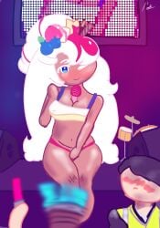 almost_naked almost_nude big_thighs blue_eyes blush breasts concert cookie_run cookie_run_kingdom female microphone microphone_between_breasts nipples_visible_through_clothing parfait_cookie singer sitting sitting_down sitting_on_floor smile smile_at_viewer smiling smiling_at_viewer stage_background stage_show white_hair wink winking winking_at_viewer