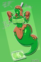 after_transformation brown_hair candy candy_girl candy_wrapper caramel caramel_apple chabble female food food_girl ghost green_body green_eyes pokemon post-transformation sucker transformation yamask