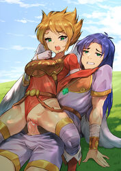 1boy blonde_hair blue_hair boots breath_of_fire breath_of_fire_i capcom clothed_sex clothing female gao-lukchup girl_on_top gloves green_eyes highres leotard leotard_aside long_hair nina_(breath_of_fire_i) open_mouth outdoors pussy pussy_juice reverse_cowgirl_position ryuu_(breath_of_fire_i) sex shade short_hair straddling tears uncensored vaginal_penetration wavy_mouth wince wings