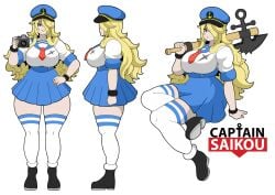 2019 blonde_hair blue_eyes camera clothed curvy curvy_figure curvy_thighs full_body gothic_taco hat long_blonde_hair long_hair model_sheet name_in_background pose simple_background uniform white_background