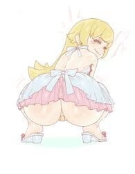 1girls ass_focus big_ass blonde_hair bottom_heavy bubble_butt dress female_only huge_ass looking_at_viewer monogatari_(series) oshino_shinobu planktiton presenting_ass shortstack small_breasts smug squatting upskirt vampire