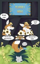 anthro ass big_butt comic duo fart fart_cloud fart_fetish fox game_screen glasses green_fart_cloud male male_only monologue onomatopoeia shirt speech_bubble sunflower_fox sunflower_fox_(character) sweatdrop tagme tv victory_screen