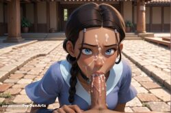 1boy 1boy1girl 1girls ai_generated artist_name avatar_legends avatar_the_last_airbender black_choker black_hair blowjob blue_eyes blue_shirt braid breasts brown_hair choker cum cum_in_mouth dark-skinned_female dark_skin day erection facial fellatio female hair_over_shoulder hairclip hi_res katara lips long_hair looking_at_viewer male_pubic_hair nickelodeon nicktoons oral outdoors patreon_username penis pov progenarts pubic_hair shirt short_sleeves single_braid solo_focus straight testicles uncensored veins veiny_penis watermark web_address