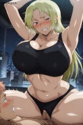ai_generated big_ass big_breasts blonde_hair bouncing_breasts clenched_teeth cowgirl cowgirl_position female half-closed_eye highres itadori_yuuji jujutsu_kaisen koinaart mature_female on_top panties patreon perky_breasts riding riding_penis sex sports_bra stable_diffusion underwear voluptuous voluptuous_female yuki_tsukumo