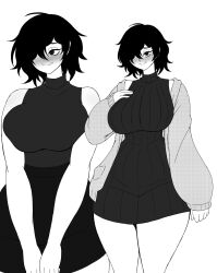 2020s 2025 2025s 2girls black_and_white female female_focus female_only hair hair_covering_eye hair_covering_one_eye hair_over_one_eye monochrome no_color one_eye_covered one_eye_obstructed original same_character stronkbonk sweater sweater_puppies thick_thighs thick_thighs_save_lives thighhighs twitter_link wide_hips