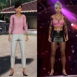 3d ai_generated before_and_after bimbo bimbofication brainwashing cleavage comparing corruption dyed_hair gyaru kogal nightclub ryuu_ga_gotoku sawamura_haruka sole_female strip_club tan tan_body tan_lines tattoo