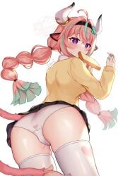 animal_ears artist_name ass black_skirt bread bread_slice cameltoe commentary_request cow_ears cow_girl cow_horns cow_tail crotch_seam female food food_in_mouth genshin_impact green_hair horns long_hair long_sleeves miniskirt mouth_hold multicolored_hair naomi_(fantasia) panties pink_hair pleated_skirt print_panties purple_eyes simple_background skirt solo sweater tail thighhighs toast toast_in_mouth twintails two-tone_hair underwear varesa_(genshin_impact) watermark white_background white_horns white_panties white_thighhighs yellow_sweater