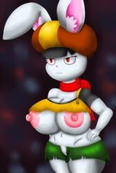 1girls alternate_breast_size anthro anthro_only areolae big_breasts breasts clothing dragon_ball dragon_ball_super duzell female female_only fur furry huge_breasts lagomorph mammal nipples rabbit red_eyes scarf shortstack smile solo sorrel thick_thighs white_fur wide_hips