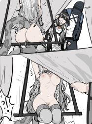 1boy 2girls absurdres arknights arms_up ass ball_gag blush breasts cuffs gag gagged hatsuyuki_(kancolle) highres kjera_(arknights) kneeling long_hair multiple_girls multiple_tails navel nipples nude object_insertion pramanix_(arknights) sweat tail whate=3r