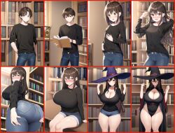 1boy 1boy1girl 1girls ai_generated ass ass_focus ass_grab ass_up bad_end big_breasts blush book book_stack breasts brown_eyes brown_hair curse female giant_breasts good_end growth growth_sequence hat long_hair looking_at_viewer medium_breasts panties pants red_eyes scared smile smiling smiling_at_viewer spell transformation transformation_by_substance transformation_sequence voluptuous voluptuous_body voluptuous_female voluptuous_male witch witch_costume witch_hat yandere yandere_eyes yandere_trance