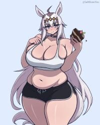 1girls ahoge animal_ears animal_tail blue_eyes blush blush_lines blushing cake cake_slice choker chubby chubby_female cleavage crop_top crumbs_on_face dolphin_shorts eating eating_cake eating_food female hair_ornament hand_on_chest horse_ears horse_girl horse_tail large_breasts light_blush long_hair oguri_cap_(umamusume) plain_background plump saltdrawyou shorts simple_background thick_female thick_thighs tummy twitter_username umamusume umamusume_pretty_derby white_hair