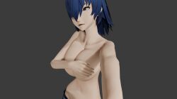 3d blender blue_eyes blue_hair candyaudioedits covered_nipples covering_breasts hair_over_one_eye kikanshalewds large_breasts looking_away naoto_shirogane nervous persona persona_4 perspective selfie shirogane_naoto shy simple_background tomboy topless