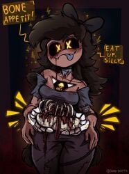 4_hands :3 arm_tattoo artist_name bare_shoulders big_breasts black_body black_clothing black_dress black_hair black_sclera blood blood_from_mouth blood_in_mouth bodily_fluids bone bow_ribbon breasts brown_body brown_skin cannibalism clothing cooking corpse cute_fangs cyn_(murder_drones) cyntessa_(murder_drones) dialogue diddlydooter1 digital_drawing_(artwork) digital_media_(artwork) dinner directional_arrow disguise dress earless eldritch_abomination emphasis_lines exclamation_point fangs female female_only food freckled_breasts freckled_face freckled_shoulders freckles glitch_productions glowing glowing_eyes gore grey_body grey_tongue guts hair happy hi_res holding_object holding_skull human humanoid innocent_expression intestines leg_tattoo lines_on_body long_hair machine mammal meat metal metallic_body multi_hand murder_drones nightmare_fuel noseless number organs patch_(fabric) patchwork_creature proud ribs robot robot_humanoid scar scars_all_over seam_(sewing) segmented_body sharp_teeth signature simple_background skinsuit smile solo sparkles speech_bubble stitch_(sewing) surgical_suture tattoo teeth tessa_(murder_drones) text thick_thighs thigh_gap tight_clothing tongue tongue_out translucent translucent_clothing twintails twintails_(hairstyle) undead unusual_anatomy white_body wide_hips worker_drone x_eyes yellow_eyes yellow_text zombie