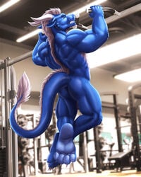 4:5 4_toes anthro ass back_muscles balls barely_visible_balls barely_visible_genitalia blue_body blue_butt blue_scales blue_tail claws clenched_teeth closed_eyes dragon dream_and_nightmare exercise genitals hi_res horn male male_only muscular muscular_male nude scales scalie soles tail_tuft teeth toe_claws toes tuft white_horn