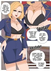1girls black_bra blonde_female blonde_hair breasts cleavage comic disguise ellie_skinsuit english_text female impersonation imposter impunderneath low_cut_top medium_hair original original_character page_18 possessed possession story