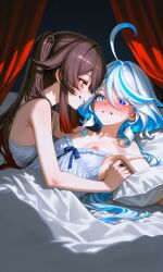 2girls ai_generated blush flustered furina_(genshin_impact) genshin_impact hoyoverse hu_tao_(genshin_impact) mihoyo nipple_slip nipples nipples_outside on_bed seductive sexy sexy_pose