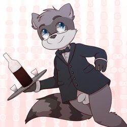 1boy 4_fingers alcohol balls beverage blue_eyes bottomless bow_tie clothed clothing eyewear flaccid foreskin glasses humanoid_penis jacket lunicent male male_only mammal penis raccoon simple_background solo solo_male standing uncut waiter wine