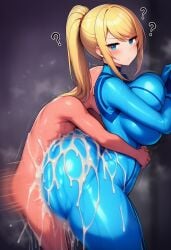ai_generated assjob bubble_butt buttjob covered_assjob covered_buttjob cum cum_explosion cum_leaking cum_leaking_out_of_penis doggy_style grinding hotdogging huge_ass leaning massive_ass metroid outercourse penis_between_ass samus_aran small_penis standing_sex unaware_buttjob