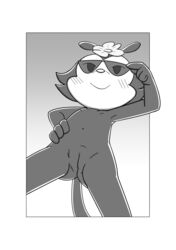 2015 8horns absurd_res animaniacs black_fur blush dot_warner eyewear female flat_chested flower fur hair_flower hand_on_hip hi_res invalid_tag low-angle_view mammal monochrome navel nipples nude outside plant pose pussy red_nose smile solo standing sunglasses warner_brothers worm's-eye_view young