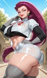 8k accessory ai_generated anime ass athletic background beautiful behind belly_button boots breasts bright bust cheekbones chest confident crop_top curvaceous curvy dominant dramatic earrings emblem features female feminine focus full glint glossy gloves glow high hip hips hugging jessie_(pokemon) large lips long magenta masterpiece mature midriff miniskirt mischievous motto outdoor pearl physics piercing pokemon pokemon_rgby pose resolution round seductive sfw sharp shine shiny short short_sleeve shoulder_length signature skin smirk smooth smug soft standing stretched style sunny tall team_rocket teasing texture thick thigh_high thighs toned uniform vendetta_ai vibrant villainess waist waves wearing wet white wide