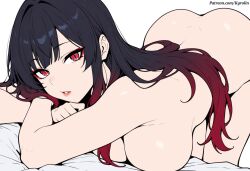 arms_crossed ass ass_up bare_shoulders bed bent_forward bent_over bent_over_bed big_breasts breasts breasts_out dark_hair eyeliner from_front_position front_view gradient_hair kyraa_(oc) kyrolin lips looking_at_viewer makeup naked naked_female neutral_expression nude nude_female original_character parted_lips patreon patreon_url patreon_username red_eyes simple_background slit_pupils solo solo_female solo_focus thighs white_background