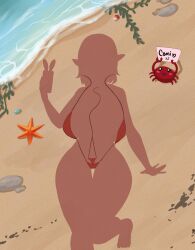 beach beach_shadow_trend bety_blue camilla_thyleena elezen elf female final_fantasy_xiv implied_nudity muscular_female original_character shadow silhouette sling_bikini slingshot_swimsuit tagme tattoos