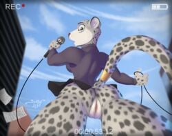 2017 alternate_version_available anthro ass blue_eyes breasts camera caught clothing disney fabienne_growley feline female first_person_view fur leopard looking_back low-angle_view mammal microphone no_panties no_underwear outside pussy recording skirt snow_leopard solo spots spotted_fur spotty_the_cheetah surprise video_camera worm's-eye_view zootopia