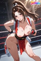 1girl ai_assisted ai_generated bangs bare_shoulders blush breasts breasts_out brown_eyes brown_hair cleavage closed_mouth collarbone fatal_fury fingerless_gloves gloves grabbing_own_breast high_ponytail japanese_clothes large_breasts leaning_forward long_hair looking_at_viewer mai_shiranui ninja nipples no_bra one_breast_out patreon pelvic_curtain ponytail pussy revealing_clothes rope sash shiranui_mai smile solo stelmazura thighs torn_clothes