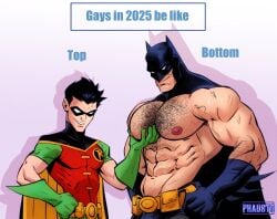 2boys abs bara batman batman_(bruce_wayne) batman_(series) big_pecs bruce_wayne chest_hair dc dc_comics gay gays_in_2025_be_like grabbing_pecs hairy hairy_chest hands_on_hips human incest_(lore) male male_only mask masked masked_male meme muscular muscular_male pecs phausto robin_(dc) robin_(tim_drake) size_difference small_dom_big_sub squeezing_pec tim_drake