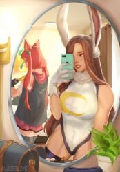 2girls awebbleme big_breasts breasts brown_hair camilla_thyleena cosplay elezen elf female female_only final_fantasy final_fantasy_xiv halloween_costume mirko miruko_(cosplay) multiple_girls muscular_female my_hero_academia original_character phone red_hair selfie source_request