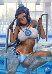 1girls big_breasts blue_eyes blue_hair dark-skinned_female dark_blue_hair dark_skin eye_contact female large_breasts looking_at_viewer muscular_female nessa_(pokemon) nintendo patreon_username pokemon pokemon_ss shorts teemu_rasinkangas thick_thighs thighs tight_clothing two_tone_hair url wide_hips