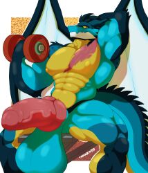 abs absurd_res anthro balls big_balls big_knot big_penis black_body blue_body dragon dumbbell exercise exercise_equipment eye_scar facial_scar genitals hi_res horn knot knotted_penis looking_at_viewer male muscular muscular_male mythological_creature mythological_scalie mythology nagisalucario nipples pecs penis saggy_balls scalie scar simple_background sitting solo spiked_tail spikes spikes_(anatomy) spread_legs spread_wings spreading tail tamarindohusky weights wings yellow_body