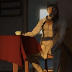 2017 abs amber_eyes animal_genitalia anthro balls black_nose brown_fur canine chair clothed clothing cup fully_sheathed fur grey_fur hand_on_thigh inside inviting looking_at_viewer major_wolf male male_only mammal multicolored_fur muscular muscular_male nude open_shirt pecs presenting sheath shirt sitting smile solo spread_legs spreading table tea_cup virtyalfobo white_fur wolf yellow_eyes