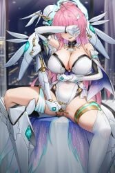 absurdres aemeath_(wuthering_waves) alternate_breast_size_(larger) arm_up bare_shoulders blindfold blurry blurry_background breasts breasts_apart commentary_request covering_own_eyes elbow_gloves exostrider_(wuthering_waves) feet_out_of_frame female gloves hair_ornament highres indoors large_breasts leotard logo long_hair niliu_chahui paid_reward_available parted_lips pink_hair ponytail showgirl_skirt skirt smile solo spread_legs thighs white_gloves white_leotard white_skirt wuthering_waves