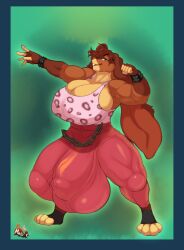 2024 5_fingers anthro big_bulge bottomwear breasts brown_body brown_fur brown_hair bulge chains clothing cosplay digital_media_(artwork) fingers fur green_background gynomorph hair hi_res hugo_(street_fighter) intersex lagomorph leporid mammal meganemausu muscular muscular_gynomorph muscular_intersex open_mouth pants pose rabbit simple_background smile solo standing topwear