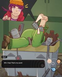 ass_up boots clothed dialogue discarded_clothing discarded_footwear disembodied_hand dubious_consent dumpster emoji face_tattoo foot_fetish foot_focus irritated jiinsan ko_op_(game_developer) nonbinary_(lore) sci-fi shocked shocked_expression socks stuck stuck_in_object tattoo trapped young_suns