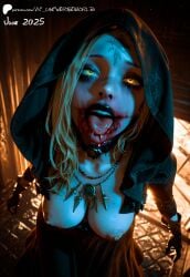 ahegao ai_generated aiuniverse56 bela_dimitrescu black_dress black_gloves black_lips black_lipstick blonde_hair blood_in_mouth blood_on_face breasts breasts_out capcom cleavage dress drool drooling from_above gloves glowing_eyes hood_up medium_breasts necklace nipples open_mouth pale-skinned_female pale_skin resident_evil resident_evil_8:_village runny_makeup runny_mascara stable_diffusion tattoo_on_forehead tongue tongue_out yellow_eyes