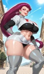 8k accessory ai_generated anime ass athletic background beautiful behind belly_button boots breasts bright bust cheekbones chest confident crop_top curvaceous curvy dominant dramatic earrings emblem female feminine figure focus full glint glossy gloves glow hip hips hugging jessie_(pokemon) lips masterpiece mature midriff miniskirt mischievous outdoor over pearl pokemon pokemon_rgby pose seductive sfw sharp shine shiny short short_sleeve skin smirk smooth smug soft standing stretched style sunny team_rocket teasing thick thigh_high thighs toned uniform vendetta_ai vibrant villainess waist waves wet white wide
