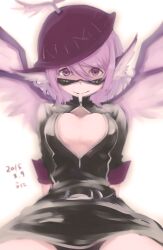 alternate_costume animal_ears belt bird_wings black_dress breasts choujuu_gigaku cleavage cleavage_cutout clothing_cutout dated dress female female_focus glasses hat highres long_sleeves looking_at_viewer mystia_lorelei namauni pink_eyes pink_hair short_hair simple_background solo sunglasses touhou white_background wings zipper