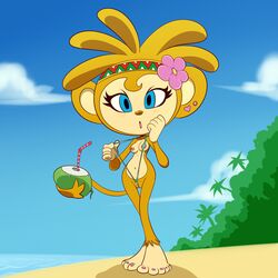 1girls 2017 5_fingers 5_toes amiga animal_ears anthro anthrofied areola beach bikini blue_eyes blush breasts brown_fur brown_nose clothing coconut cute eyebrows eyelashes feet female female_only flower food fruit fur hair_flower humanoid_feet humanoid_hands humanoid_pussy lonbluewolf looking_at_viewer mammal monkey monkey_girl navel nipples open_mouth pink_toenails plant prehensile_tail primate pussy pussy_floss samba_de_amigo seaside sega sling_bikini solo sonic_team swimsuit tail thigh_gap toes vagina video_games wasp_waist wide_hips yellow_fur