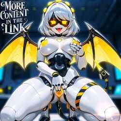 ai_generated android ass black_gloves black_sclera black_thighhighs blush bodysuit breasts christmas christmas_outfit christmas_tree claws disassembly_drone dripping_sweat drone fangs female fireplace girl glowing_eyes green_hat green_ribbons highres huge_ass huge_breasts indoor latex long_hair murder_drones night nipples ponytail pussy ribbon ribbon_bondage robot_girl santa_hat screen_eyes sharp_teeth silver_hair skin_tight smile snow solo sweat torn_clothes v_(murder_drones) warm_lighting window yellow_eyes