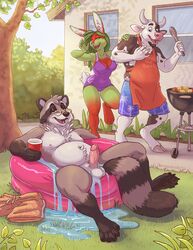 1girls 2016 2boys 4_toes 5_toes anthro apron backyard balls blue_eyes bovine breasts brown_fur cattle chewycuticle cleavage clothed clothing cup eyewear female fur glasses green_fur green_hair grey_fur grill grilling group hooves humanoid_penis kiddie_pool lagomorph male male_focus mammal markings nipples nude one-piece_swimsuit open_mouth outdoors outside overweight penis pink_penis rabbit raccoon red_fur rhubarb_(character) socks_(marking) swimming_trunks swimsuit tilton toes wading_pool white_fur