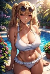 ai_generated blonde_hair cleavage double_ponytail female frilled_bikini_bottom garden glasses_on_head grok gyaru hair_over_shoulder hands_on_surface large_breasts midriff poolside potted_plant rgomez007 solo_female sporty thong_straps warm_lighting white_bikini wide_hips