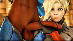 3d absurdres balls blonde_hair blue_eyes dark-skinned_futanari dark_skin dickgirl erection futa_with_female futanari highres interracial intersex looking_at_viewer mercy overwatch penging-arts penis pharah source_filmmaker testicles