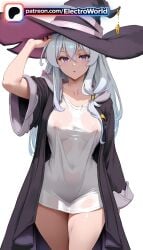 1girls 2026 ai_generated artist_name breasts bust chest elaina_(majo_no_tabitabi) electroworld female hat hi_res high_quality high_resolution highres long_hair majo_no_tabitabi patreon patreon_username purple_eyes robe see-through simple_background solo stable_diffusion thighs watermark wet wet_clothes white_background witch_hat