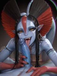 1boy 1girls ai_generated alien alien_girl avatar avatar:_fire_and_ash black_hair blowjob blue-skinned_female blue_nipples blue_skin bodypaint breasts_out colored_skin fellatio female kneeling licking licking_penis looking_at_viewer male/female na'vi nipples on_knees oral penguih pov seductive sharp_teeth skinny small_breasts straight sucking_penis tail thick_thighs tribal varang