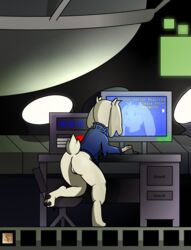 2017 anthro ass bottomless breasts cave_story clothed clothing computer digital_media_(artwork) english_text female fur hi_res lagomorph mammal mimiga presenting pussy raised_tail reflection sexylopunny solo sue_sakamoto text video_games white_fur