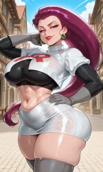 accessory ai_generated ass athletic background beautiful belly_button breasts bust cheekbones chest confident crop_top curvaceous curvy dominant earrings emblem female female_focus feminine glint glossy gloves hips jessie_(pokemon) lips mature midriff miniskirt mischievous navel outdoors pearl piercing pokemon pokemon_rgby pose round seductive sfw sharp shine shiny short short_sleeve signature skin smirk smooth smug soft standing stretched style sunny sweat tall team_rocket teasing thick thighhighs thighs toned uniform vendetta_ai villainess waist wet wide_hips