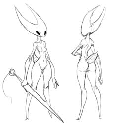 1girls 2017 arthropod black_and_white breasts claws female guoh hollow_knight hornet_(hollow_knight) humanoid insects melee_weapon monochrome pussy simple_background solo video_games weapon white_background